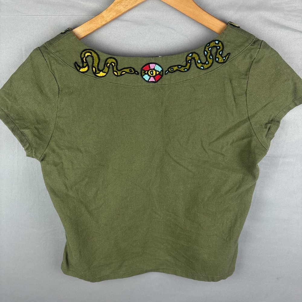 Amor & Rosas Cropped Womens XS Shirt Linen Blend Embroidered Snake Boho Mexico - Picture 3 of 6